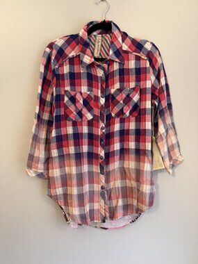 Aratta Plaid Front Flower Back Button Up Tunic Shirt Cotton Red Size M [jb]
